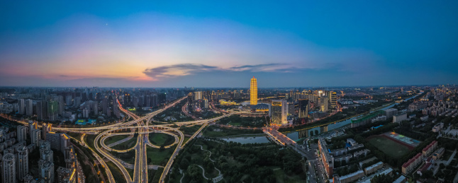 航拍中国湖南郑州国际会展中心夕阳夜景全景