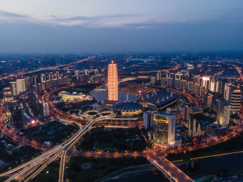 航拍郑州国际会展中心夕阳夜景