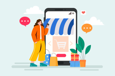 用手机网购的女人矢量插画