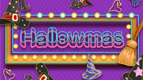 万圣节女巫帽子扫把霓虹灯矢量插画