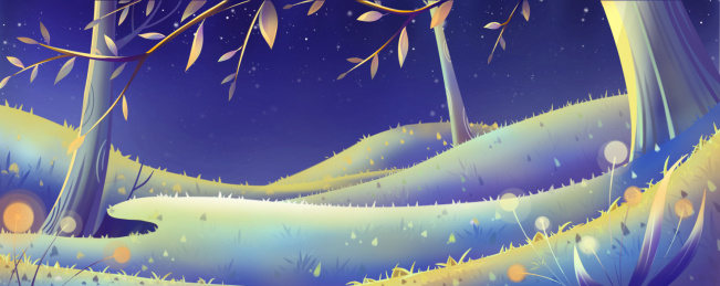 夜晚丛林手绘横图插画