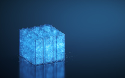 机房主机与蓝色线条结构 3D渲染