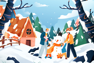 亲子家人冬季风景矢量插画