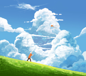 蓝天白云下放风筝的男孩