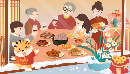 春节除夕全家团圆年夜饭矢量插画