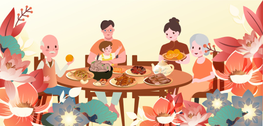 春节除夕新中式团圆年夜饭矢量插画