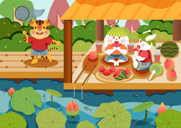 老虎兔子池塘边纳凉