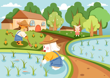 老虎和兔子在田里插秧
