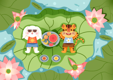  老虎兔子在7月荷塘