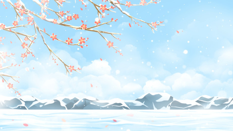 冬季天空中的梅花树与雪地岩石卡通插画