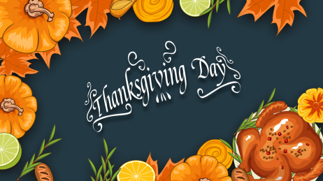 感恩节火鸡南瓜面包美食深色背景矢量海报