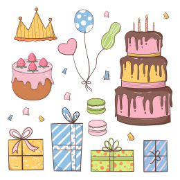 手绘线条卡通矢量生日元素集合 
