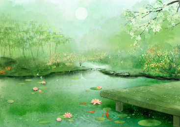 手绘古风水墨山水画幽静的山谷