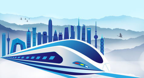 山水风中国高铁城市天际线建筑矢量插图