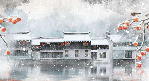 水墨风江南徽派建筑节气插画背景