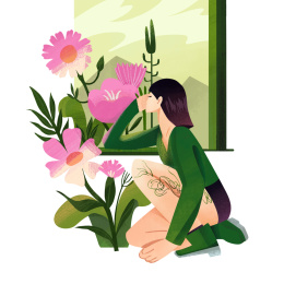 小清新绿色女孩与花