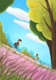 爸爸与孩子草地玩乐插画