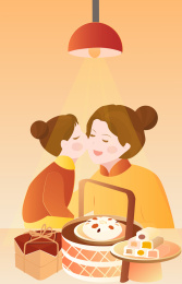 面前摆着中式点心的母女矢量插画