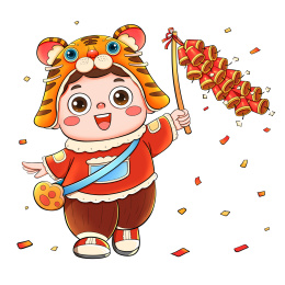 国潮戴虎头帽放鞭炮的中国福娃元素