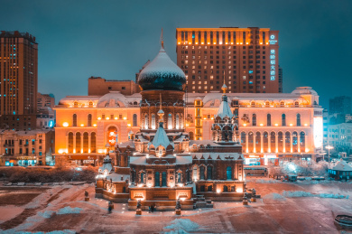 中国黑龙江省哈尔滨市索菲亚教堂雪景