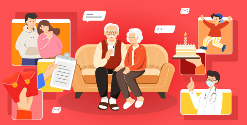 老人使用手机视频插画