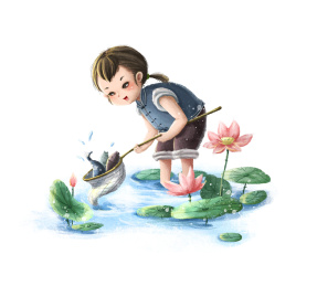 捕鱼的农家少年