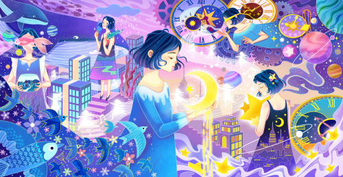 发光唯美的城市时空少女治愈插画