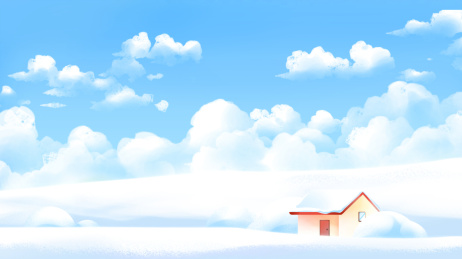 蓝天下白雪皑皑的雪原上一栋红房子卡通插画