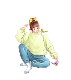 穿居家服坐着逗鸟的年轻女孩