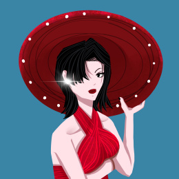 戴红色帽子黑色头发白皮肤红裙女人