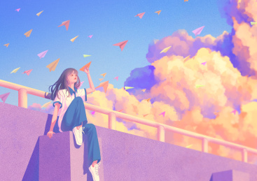 校服少女天台扔纸飞机场景插画