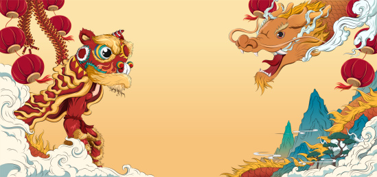 国风新春迎春新年舞狮舞龙插画