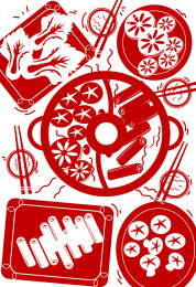 手绘火锅团圆饭聚餐饭桌吃货节矢量剪纸插画