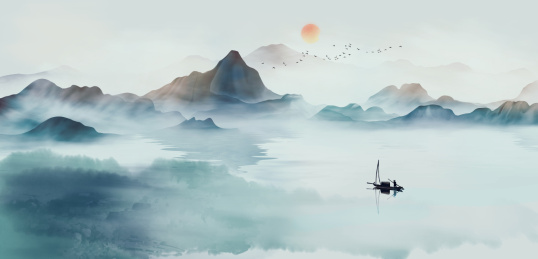 蓝色意境山水画
