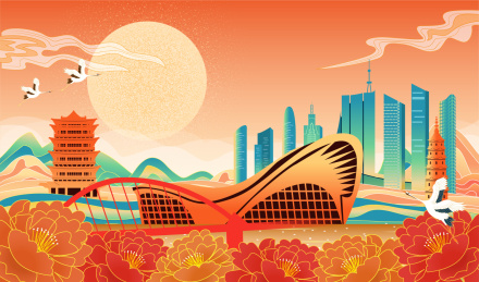 中国安徽省合肥市国潮喜庆节日城市插画