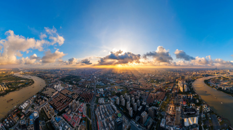 航拍中国上海徐汇滨江日落城市风光全景