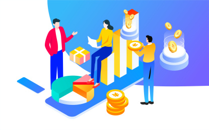 等距金融科技办公人物沟通交流对话商业插画