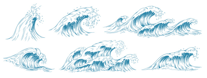 手绘蓝色海浪复古线条风插画