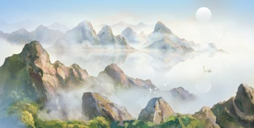 写意意境风景山水画手绘背景插画