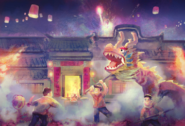 春节舞龙新年贺图中国风背景插画