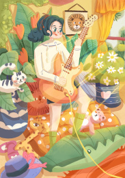小女孩扁平肌理插画