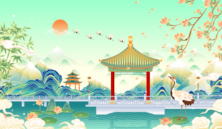 长春市南湖公园风景插画