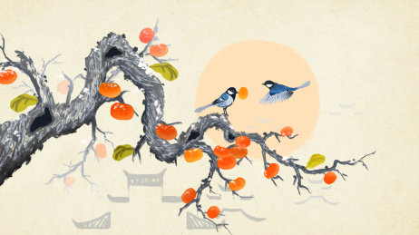 中国风降霜柿子徽式建筑水墨插画