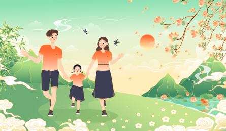 春天在公园快乐游玩的一家人