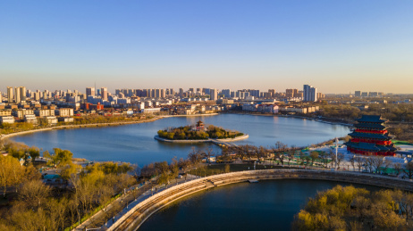 中国山东沧州南湖公园航拍图