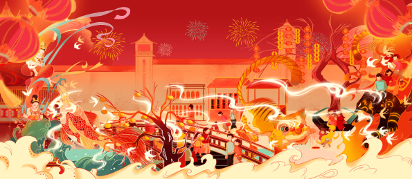 中国风虎年新春集市热闹场景插画