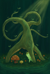 黑夜一缕阳光映照大树底下小精灵害羞