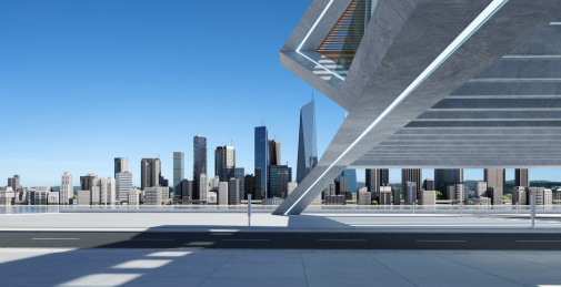街道与抽象支柱建筑物与城市背景图