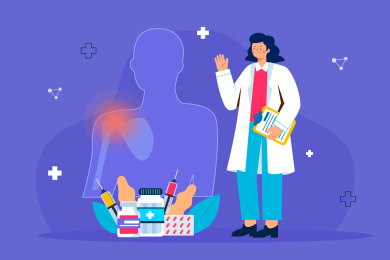 医生治疗肩膀疼痛矢量插画