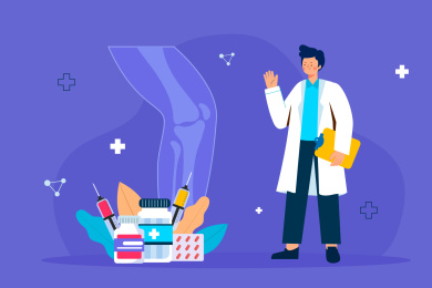 医生治疗膝关节相关疾病矢量插画